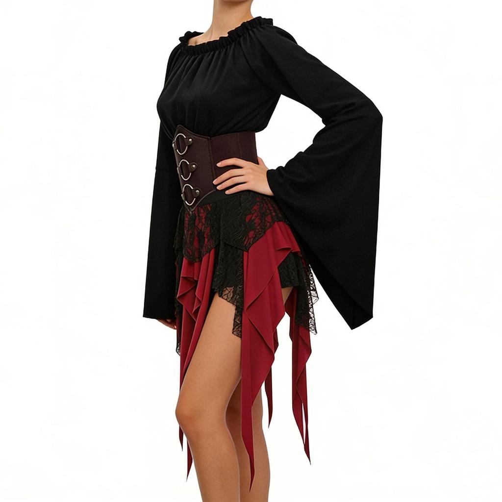 Halloween Pirate Medieval One-Shoulder Dress with Retro Metal Ring Belt and Bell Sleeves
