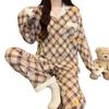Cloud Cotton Korean Style Striped Plaid Pajama Set: Long Sleeve Cardigan & Pants for Indoor/Outdoor Wear, Real Shot.