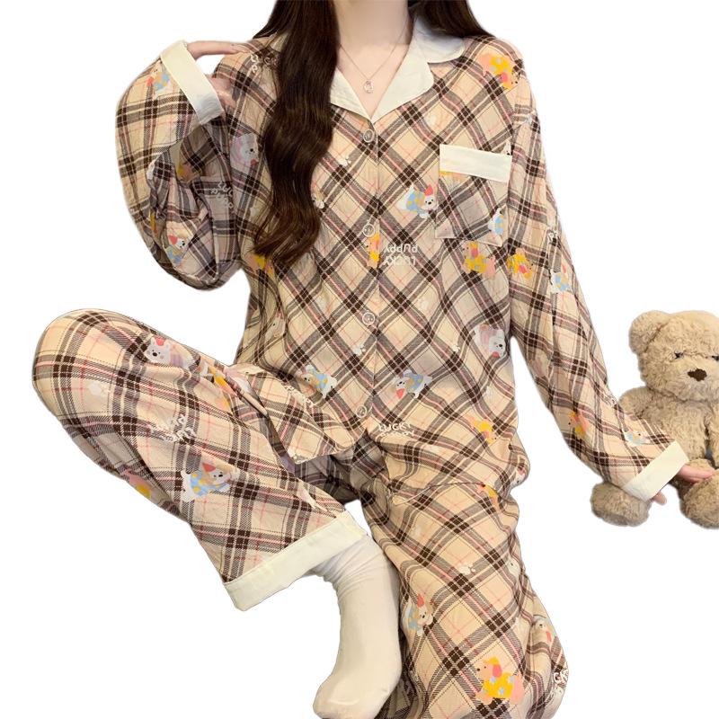 Cloud Cotton Korean Style Striped Plaid Pajama Set: Long Sleeve Cardigan & Pants for Indoor/Outdoor Wear, Real Shot.