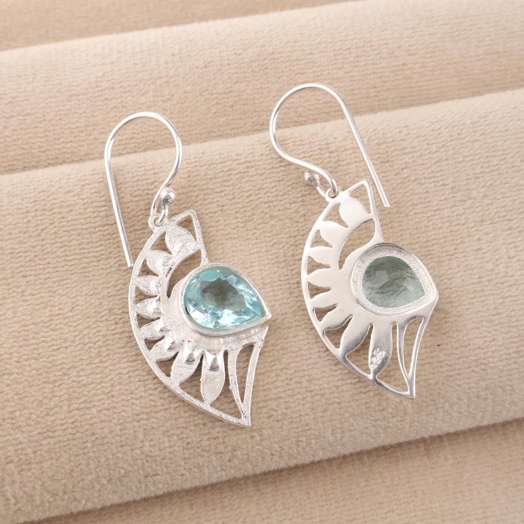 Natural Sky Blue Topaz Gemstone 925 Sterling Silver Jewelry Women Dangle Earring 1.5" CE-26-2