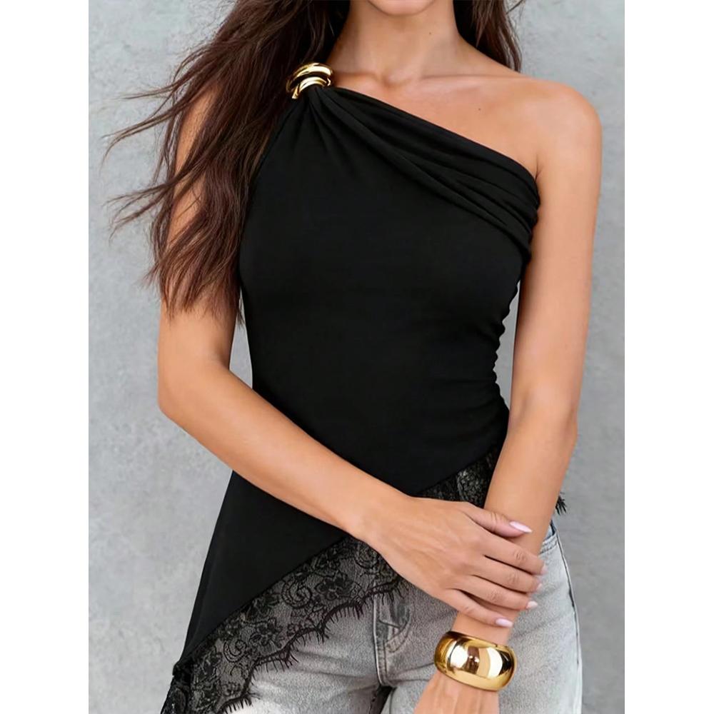 Damen Ein Schulter Spitze Tanktop Ärmellos Asymmetrisch Raffung Y2K Ausgeh Tops