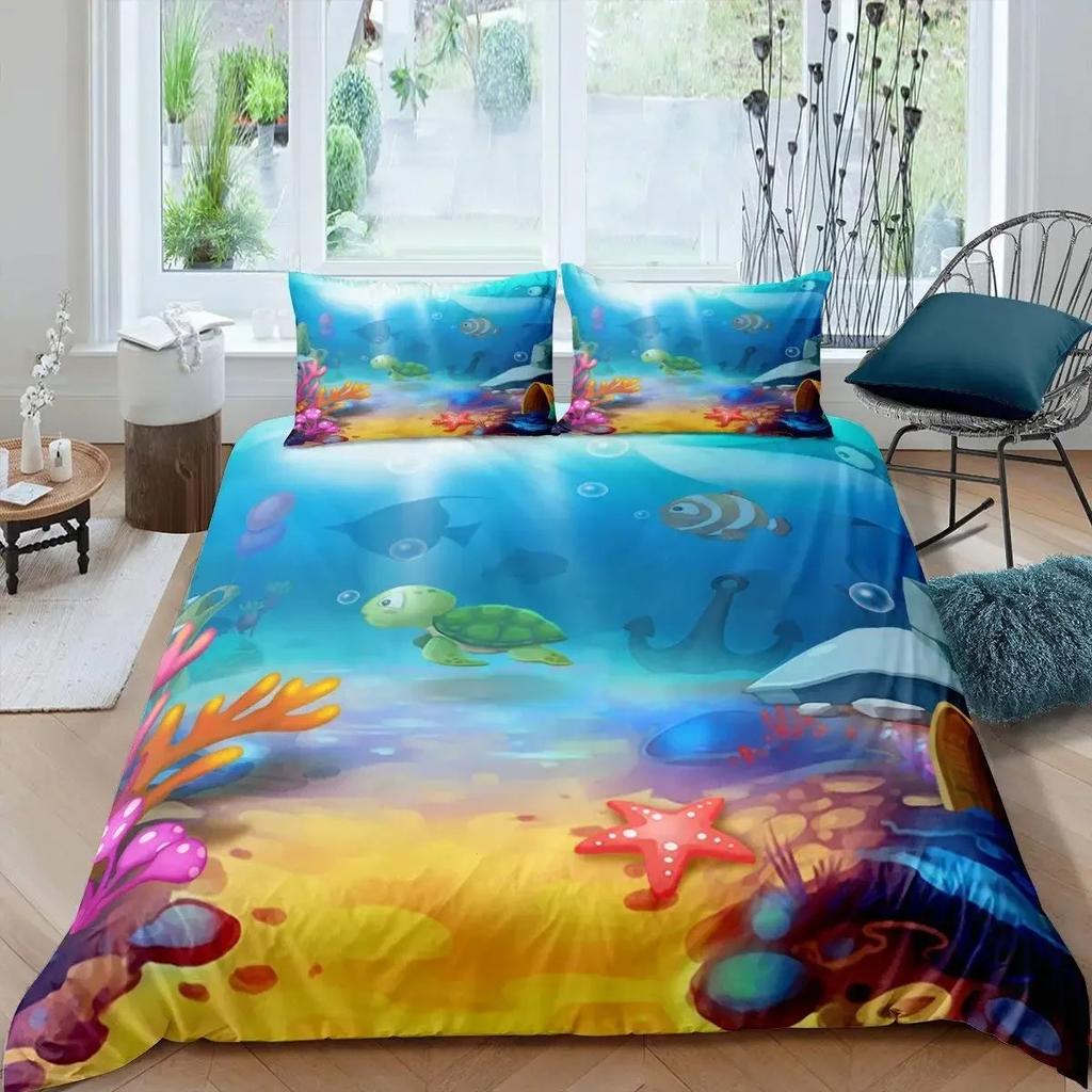 Cartoon Octopus Bedding Set KingQueen Size,Ocean Underwater World Duvet Cover Kids Sea Coral Fish Polyester Quilt Cover