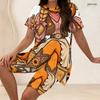 Women Plus Size Two Piece Set Pumpkin Bee Floral Print Round Neck Short Sleeve Split Top Knee Length Pants