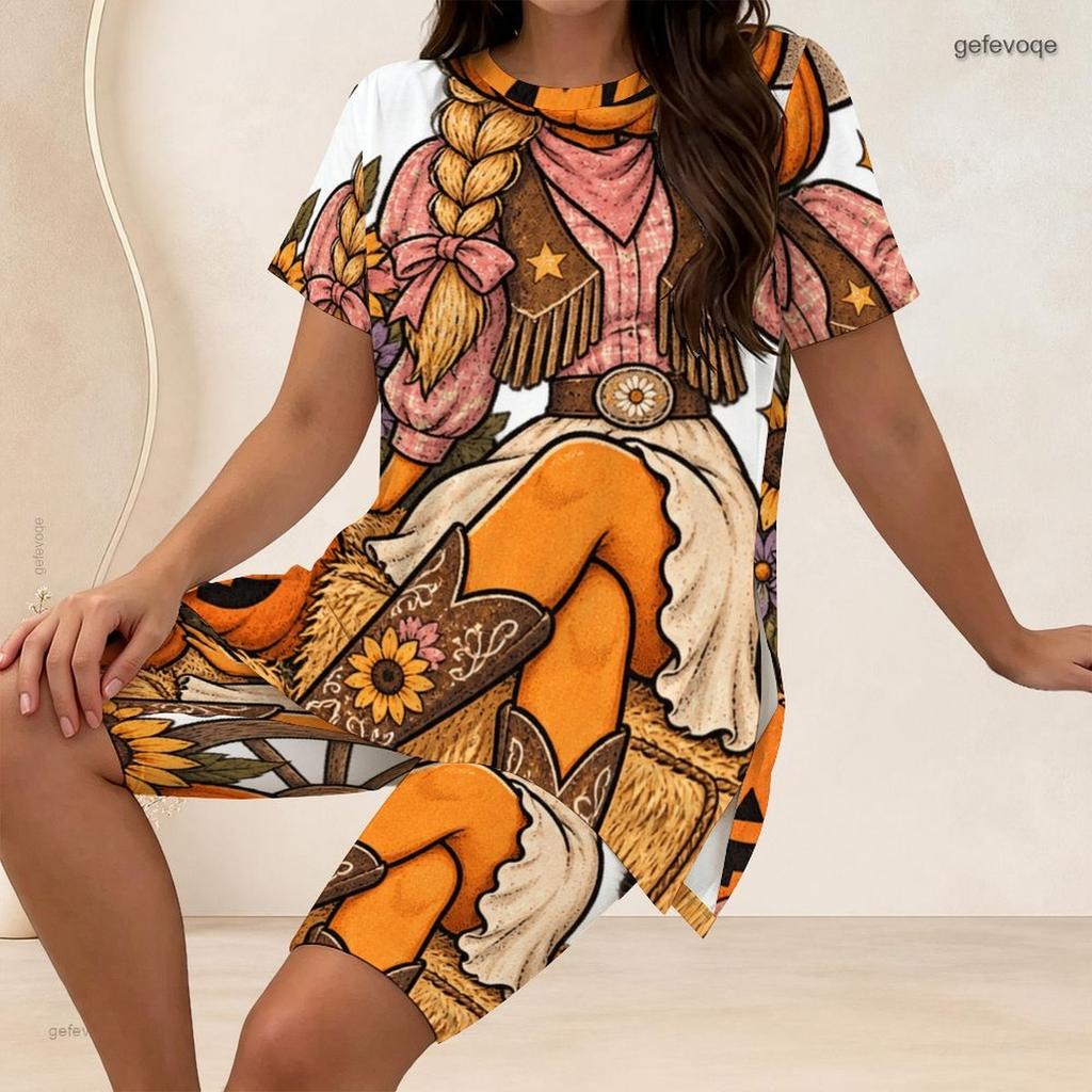 Women Plus Size Two Piece Set Pumpkin Bee Floral Print Round Neck Short Sleeve Split Top Knee Length Pants