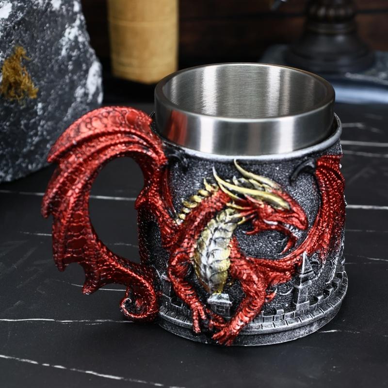 Western Monster Dragon Mark Coffee Cup, Stainless Steel Dragon Statue Water Cup, 3D Castle Guardian Dragon Beer Cup