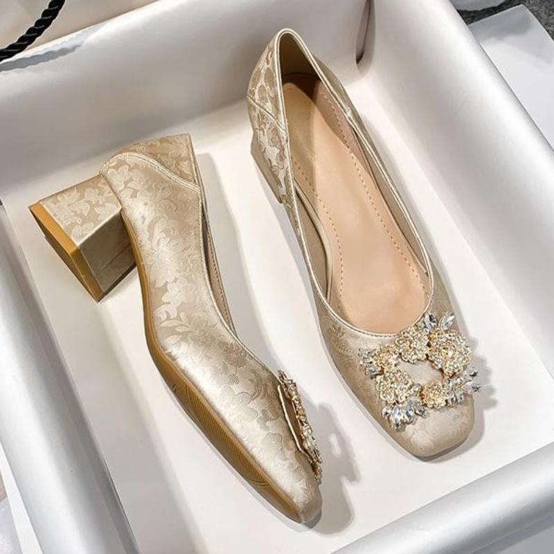 Fashion Woman High Heels Square Toe Rhinestone Fashion 2025 New Spring/Summer Satin Shallow Mouth  Women's Shoes Elegant Banquet Pumps