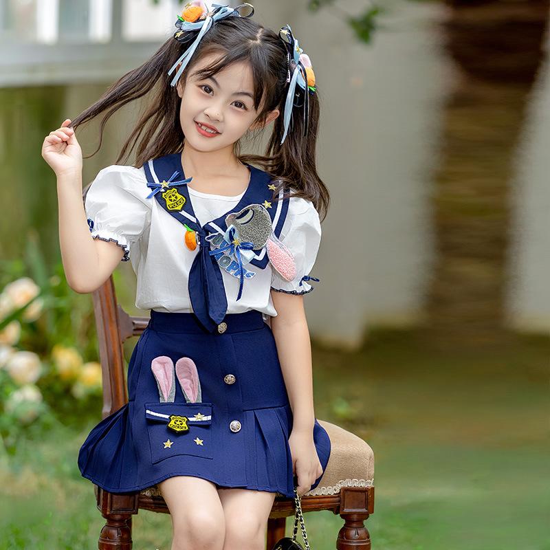 Girls' Summer Rabbit Police Costume Set - Stylish Two-Piece Performance Outfit