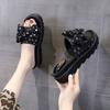 Rhinestone Slippers Women's Thick-soled Summer 2025 New Fashion Bow Soft-soled Cool Slippers Wear Beach Shoes Ins Tide