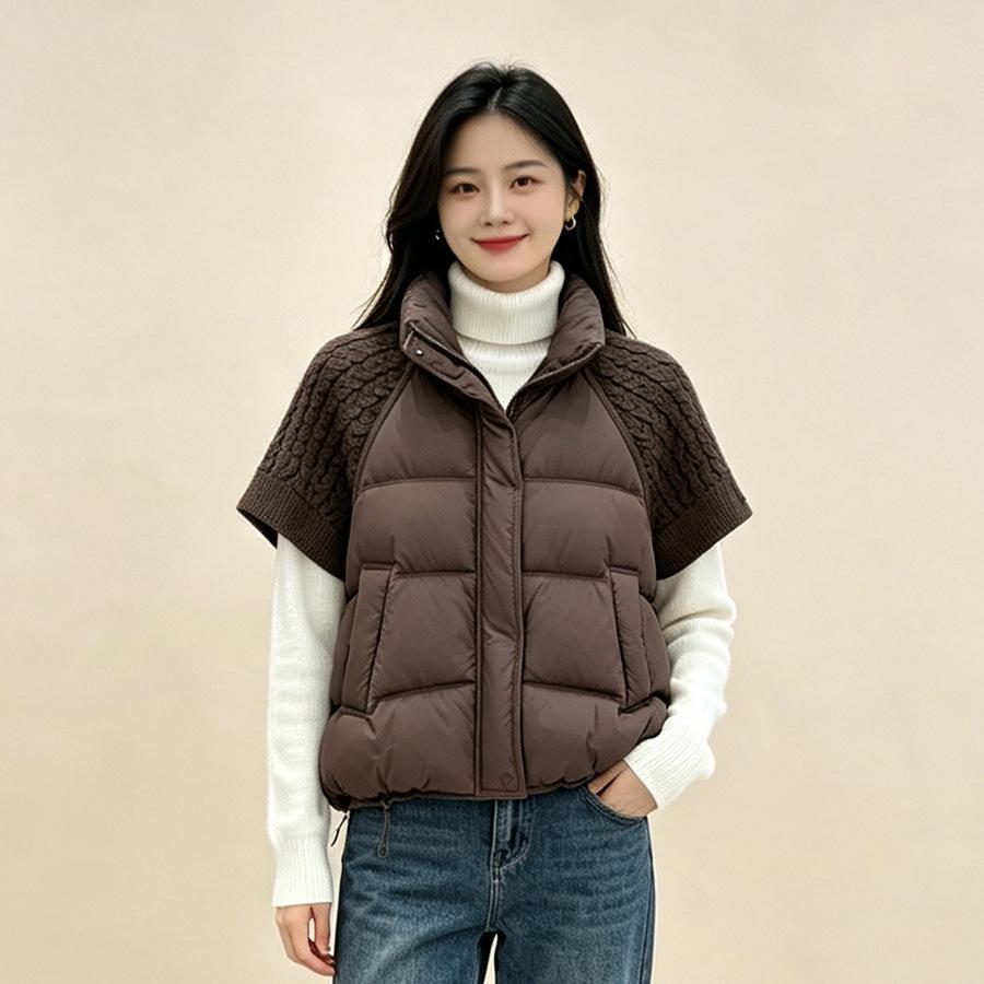 New autumn and winter new European down jacket vest women's short stand-up collar knitted sleeves large size white duck down vest