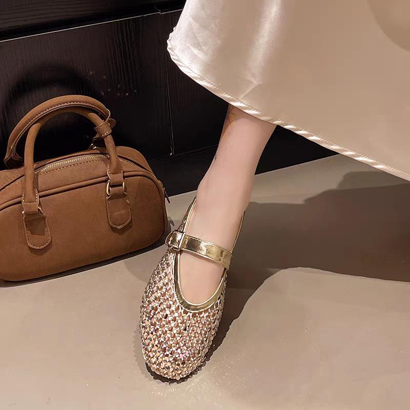 Fashion Breathable French Burst Flash Beautiful Rhinestone New Baotou Flat Summer Slippers for Outer Wear 2025 Single Shoes