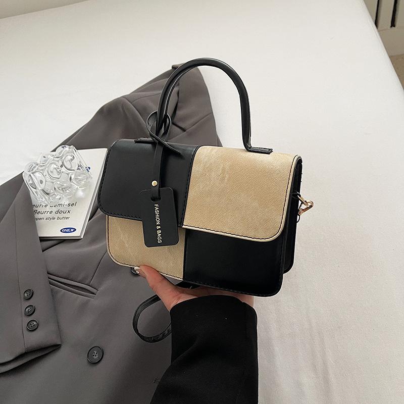 Winter new niche design contrasting color splicing portable small square bag fashionable simple retro shoulder bag