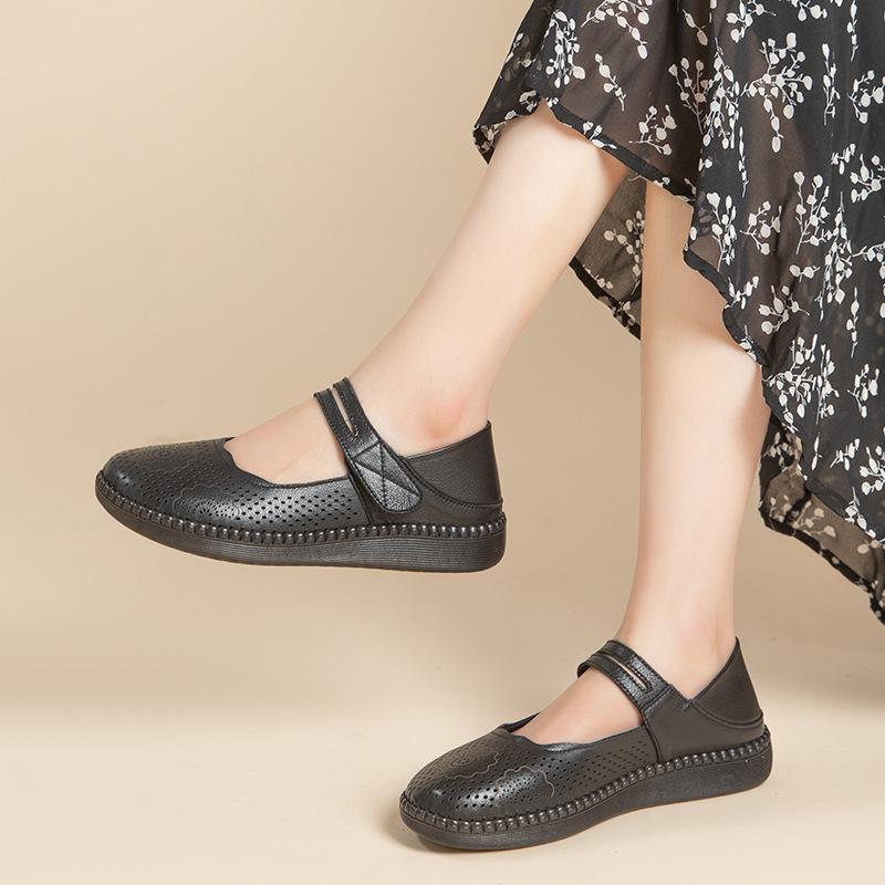 Fashion GKTINOO Hollow Genuine Leather Breathable Soft Flat Sandals Summer Women Shoes Woman Casual Solid Buckle Strap Ladies Sandals