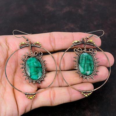 Faceted Zambian Emerald Earring Copper Wire Wrapped Earring Gemstone Jewelry Handmade Earrings Unique Copper Design Jewelry Engagement Gift