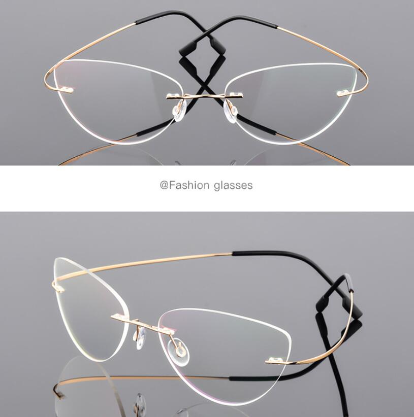 1.61 index Lens Frameless Cat Eye Myopia Eyeglasses Ultralight Rimless Blue Light Blocking Prescription Glasses -0.5 -0.75 to -6