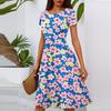Women's Casual Fashion Round Neck Pleated Short Sleeve Floral Print A-Line Midi Dress