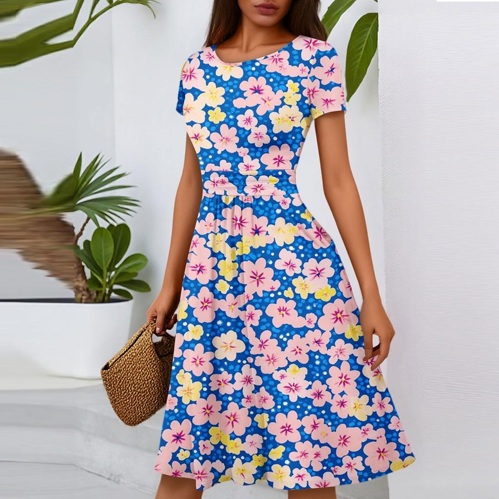 Women's Casual Fashion Round Neck Pleated Short Sleeve Floral Print A-Line Midi Dress