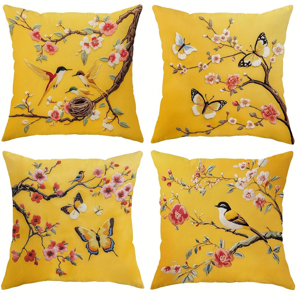 3D exquisite embroidered printed pillow cover, yellow flower, bird and butterfly printed sofa chair cushion cover