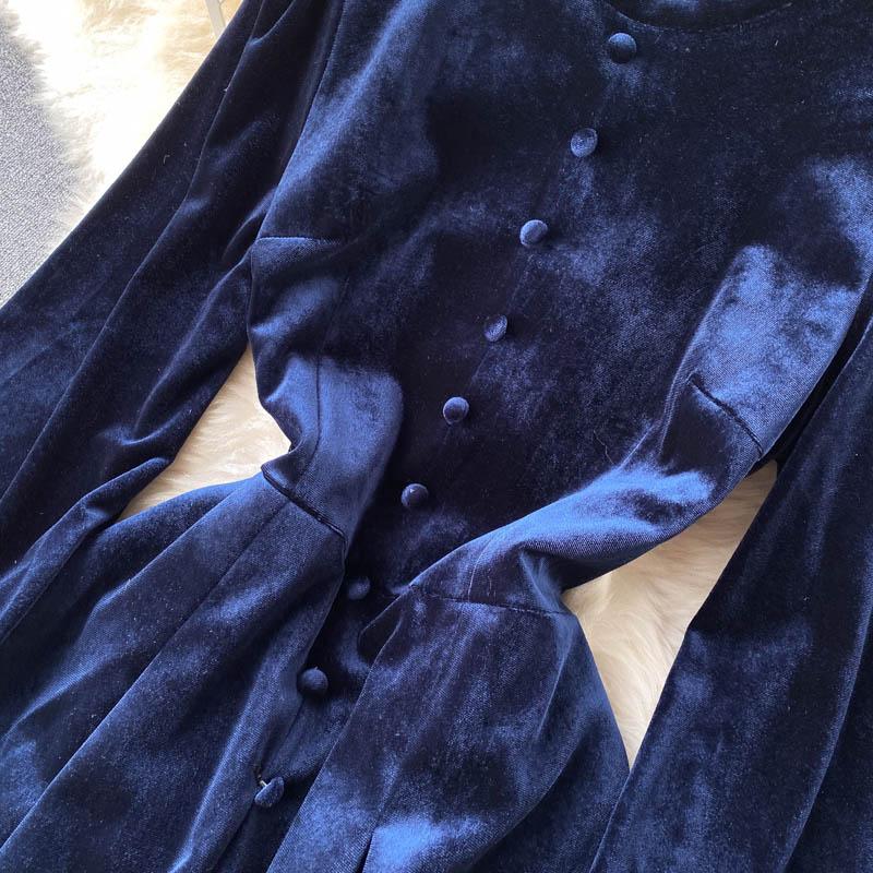 Abito da festa in velluto vintage da donna autunno inverno di alta qualità, colletto alla coreana, abiti lunghi midi in velluto casual