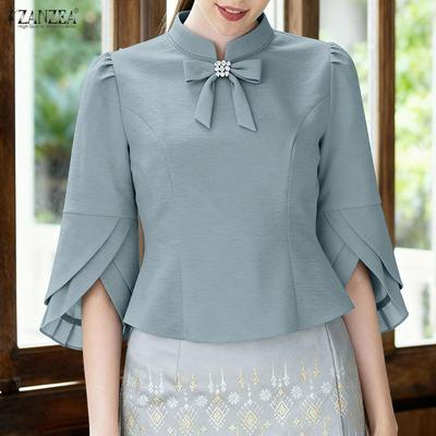 Blusa Elegante Solta Casual Feminina com Gola Alta e Manga 3/4