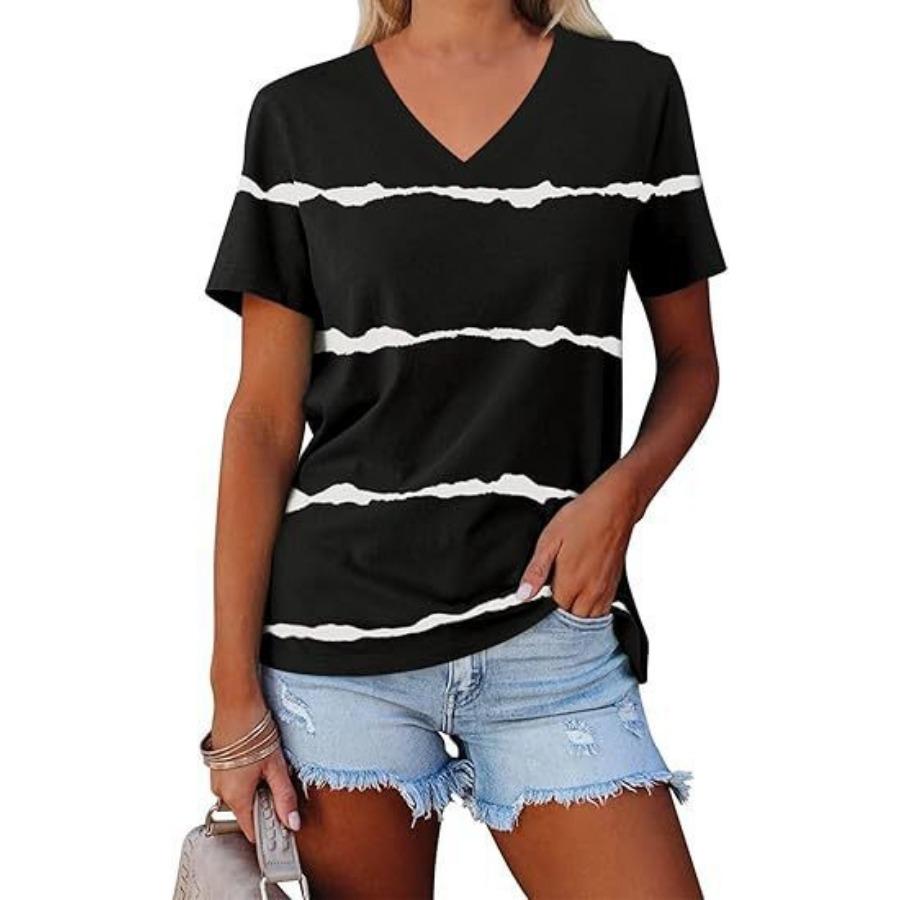 Vintage Women Striped Print T Shirt Short Sleeve V Neck Tops Comfortable T-shirts