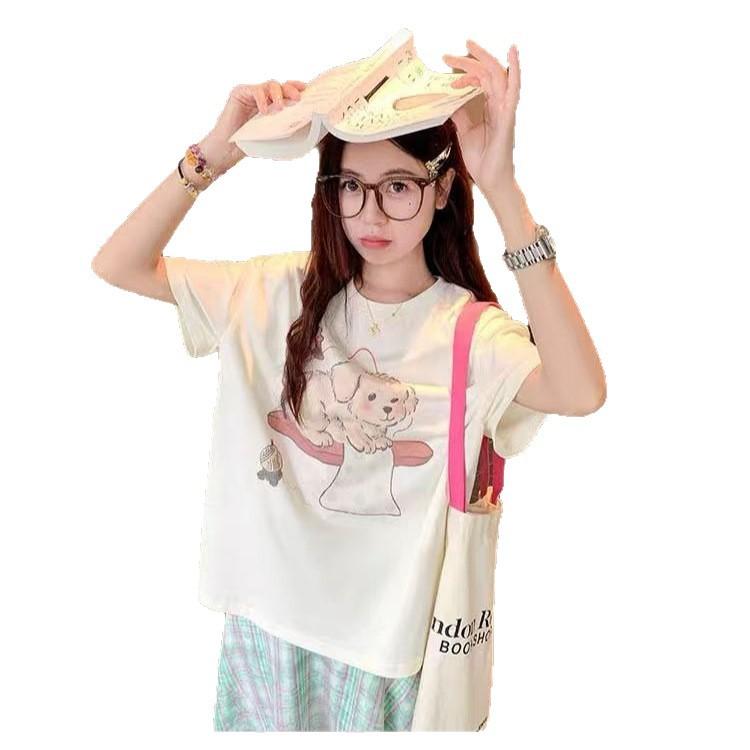 Korea Dongdaemun White Short Sleeve Women's T-Shirt Summer Crew Neck Letter Printed Top Loose Versatile Front Shoulder T-Shirt