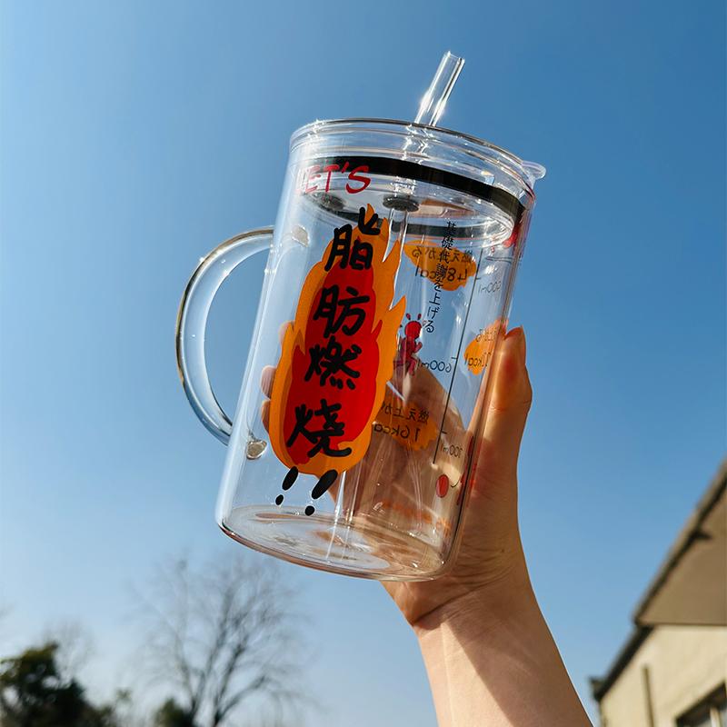 Skleněné šálky 1000 ml s víčkem a slámkou Roztomilé hrnky na kávu Velké sklenice na nápoje Voda Čaj Korejský mléčný džus Pivní šálek