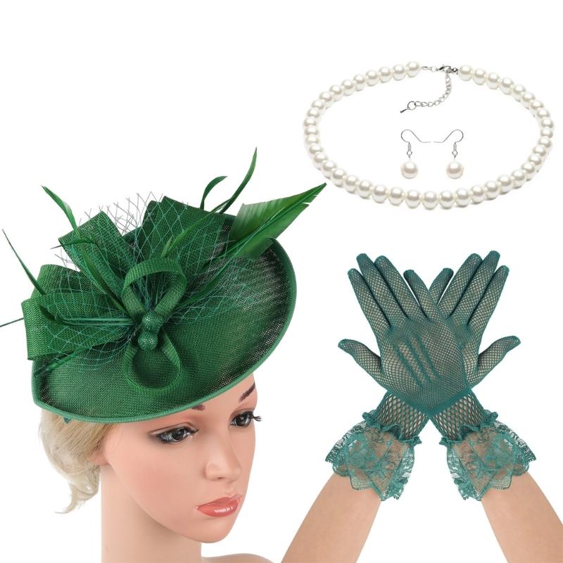 20s Derby Hat with Feathered Necklace Earrings Gloves For Women Horse Racing Event and Cocktails Party Props Headwear