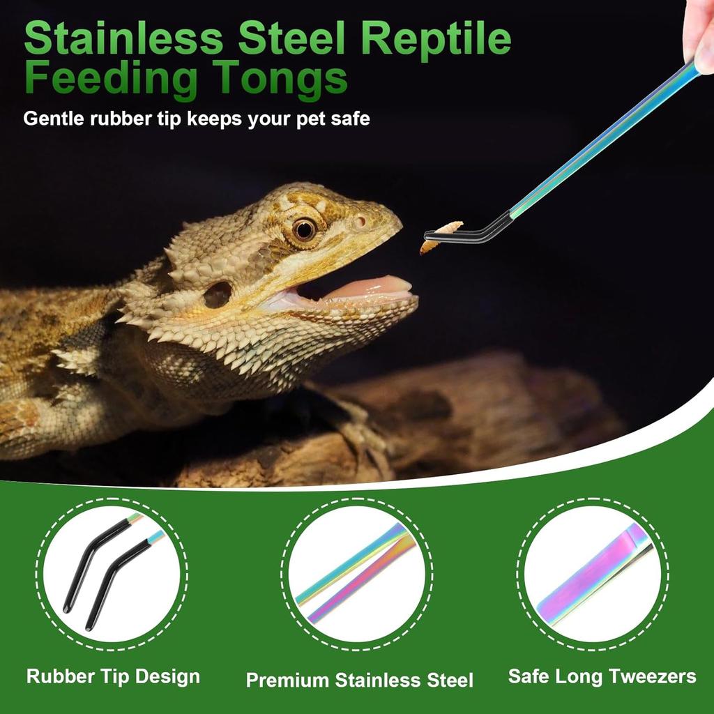 3PCS Stainless Steel Reptile Feeding Tongs, Reptile Tweezers Set with 10.6" Straight & Curved Rubber Tips, Feeding Tongs for Reptiles and Feeding