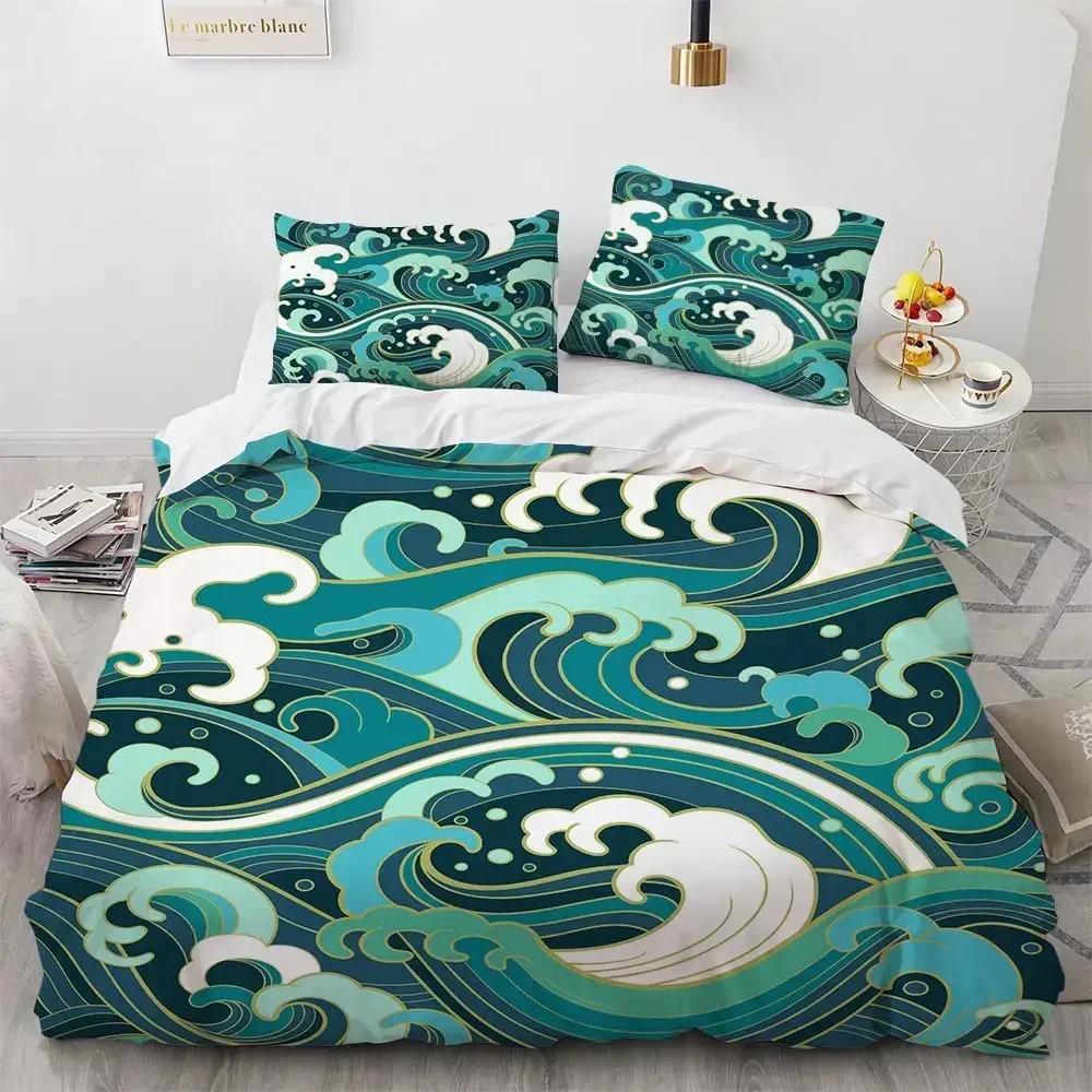 Wave Duvet Cover Set Hokusai Pattern Japanese Ukiyoe Quilt Cover Oriental Sketch Style Ocean Queen Twin Polyester Bedding Set