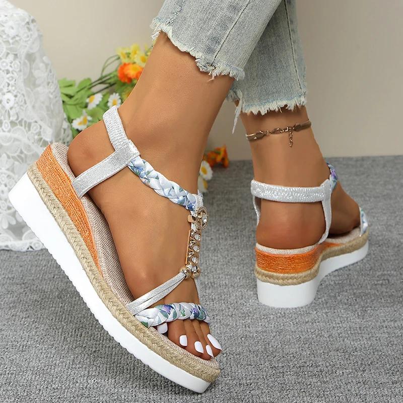 Fashion Fashion T-Strap Platform Sandals for Women New Mix Color Elastic Band Wedge Sandals Woman Summer Daily Open Toe Sandalias Female