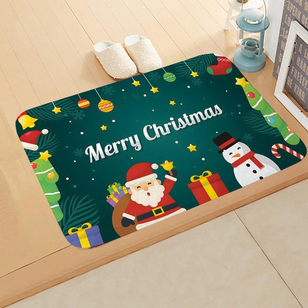 Christmas Themed Door Mat Santa Claus Snowman Gift Box Patterns Soft Non Slip Rug for Entryway Bathroom Xmas Decor