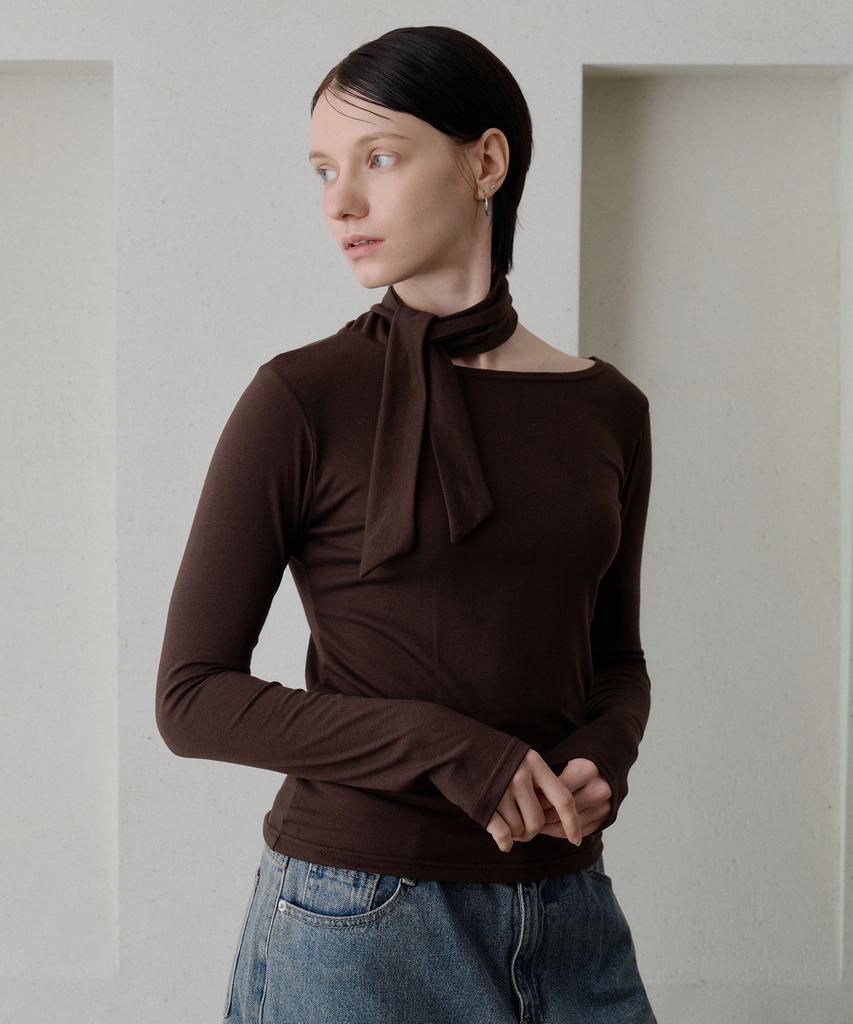 BIBYSEOB Asymmetrical Scarf T-Shirt Brown [T54]