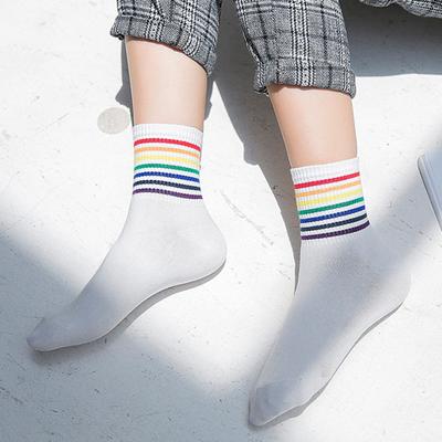 1 Pair Winter Socks Rainbow Color Striped Preppy Style Thick Anti-slip Warm Soft Mid-tube No Odor Ankle Protection Lady Socks