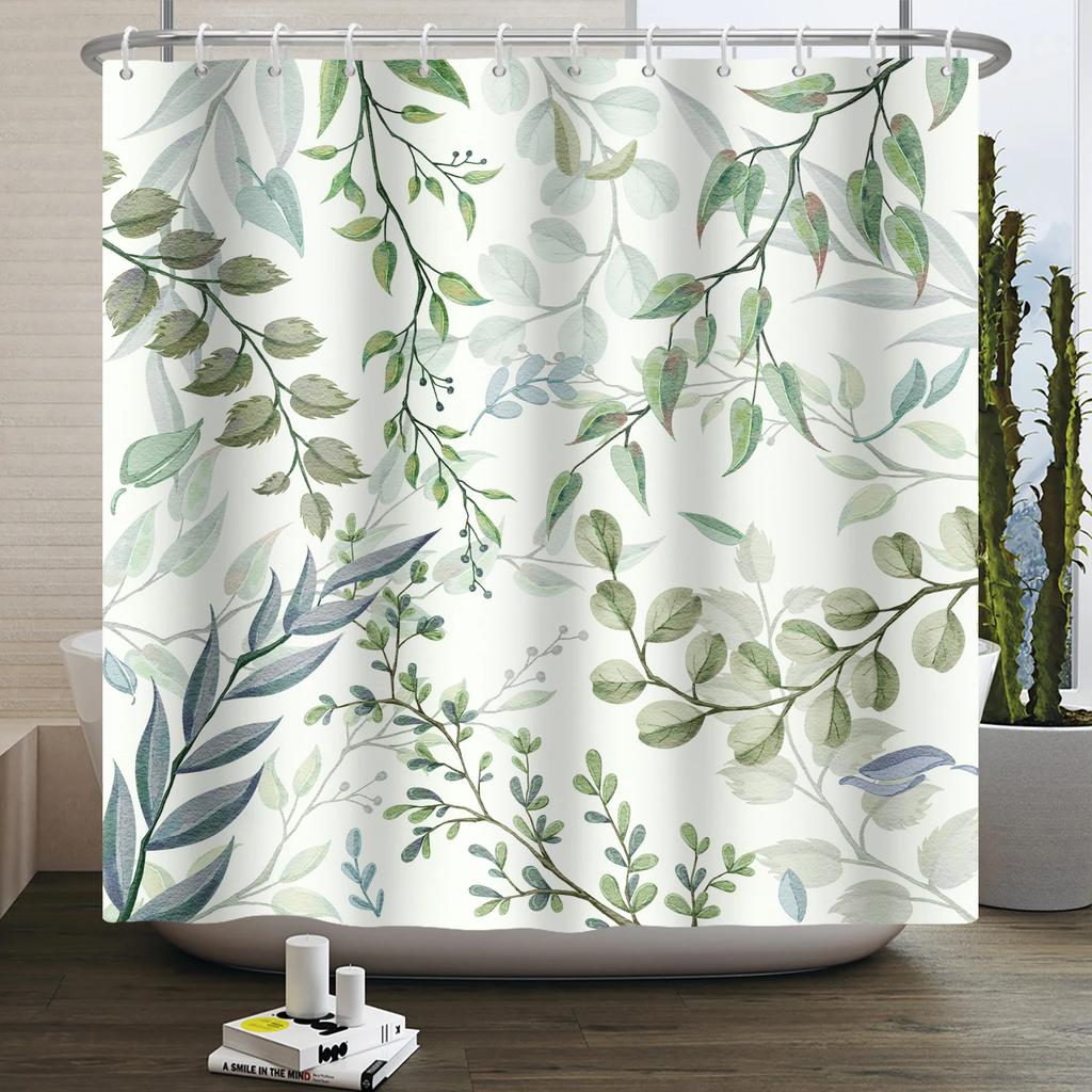 Watercolor Green Leaf Shower Curtain for Bathroom Vines Plant Nordic Minimalist Polyester Botanic Curtain for Home Hotel 180x2
