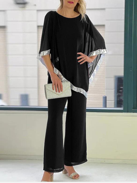 2025 Autumn Sequin Batwing Top & Wide Leg Pants Set - Round Neck, Two-Piece Ensemble