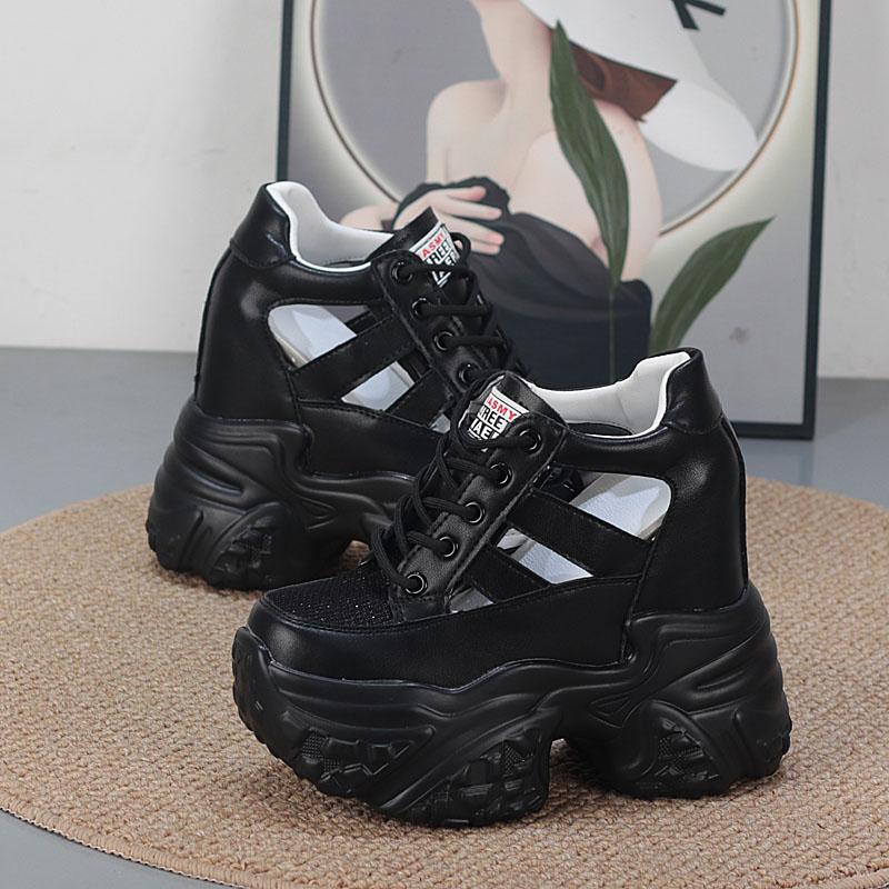 Fashion 13CM Air Mesh Synthetic Microfiber Leather Bling Vulcanize Hollow Summer Chunky Sneakers Platform Wedge Flats Women Shoes