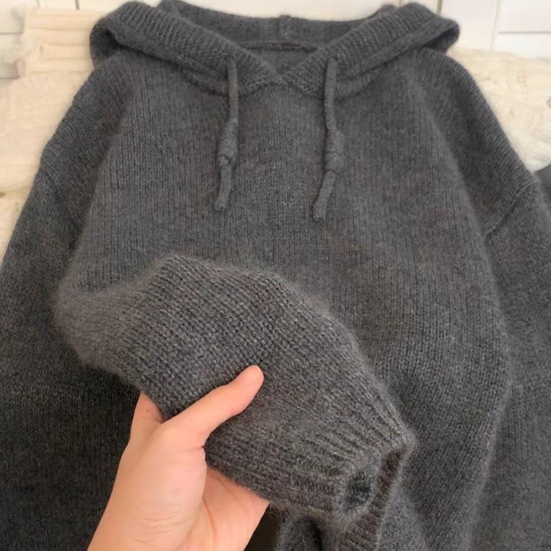 100% Wool Grey Pullover Hoodie - Women's Thickened Cashmere Base Layer, Autumn/Winter.