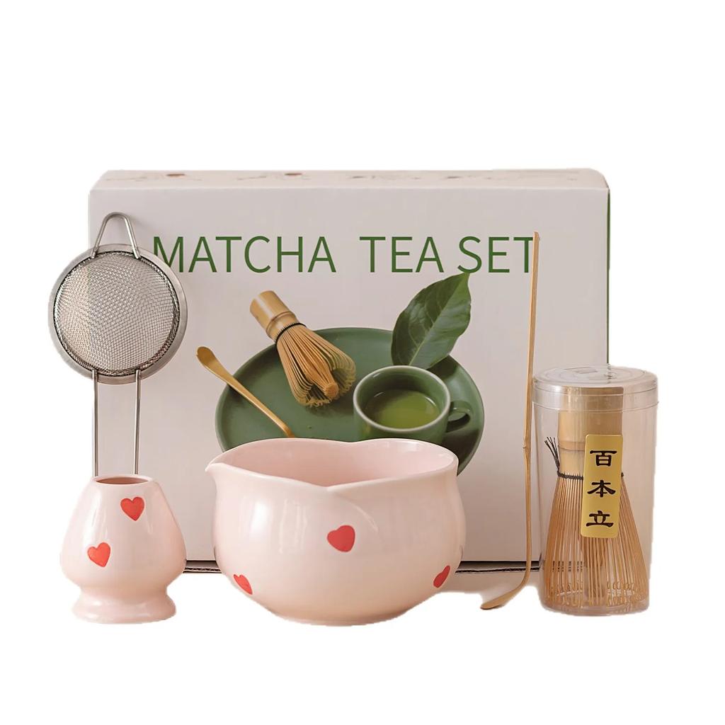 5/7pcs Pink Heart Decal Ceramic Matcha Set, Cute Matcha Set Includes Matcha- Bowl, Matcha Whisk and Holder, Bamboo Scoop, Sifter