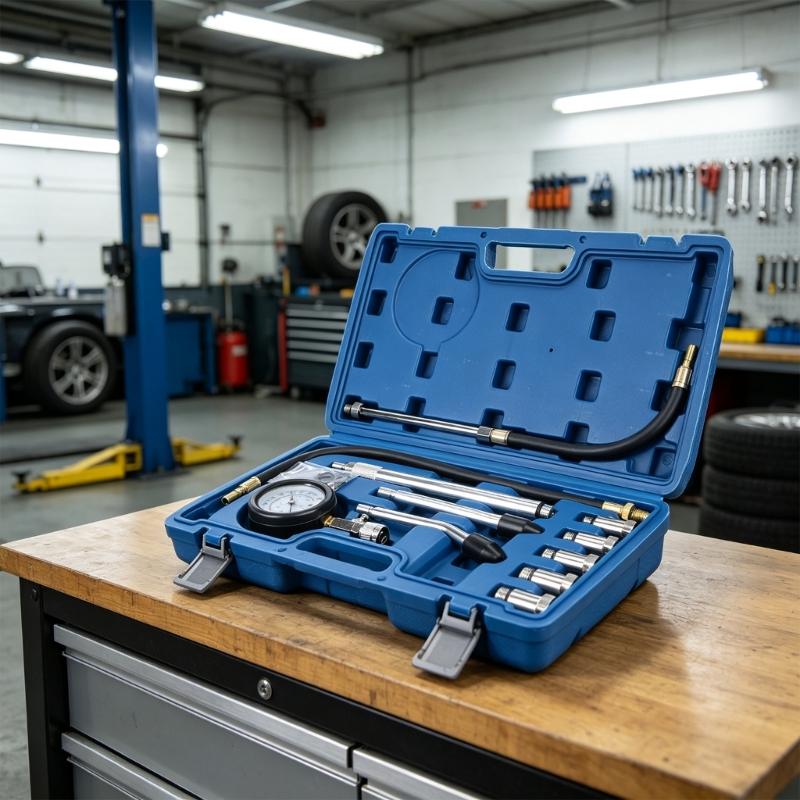 Engine Compression Meter Kit with Flexible Hoses, Extension Pieces and Threaded Fittings for Automotive and Motorcycle Inspection Work