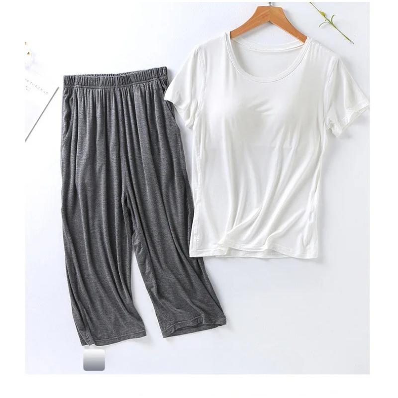 

Летняя новая женская модальная пижама, костюм из двух частей с нагрудной подкладкой, укороченные брюки с короткими рукавами, комплект для домашнего обихода больших размеров L