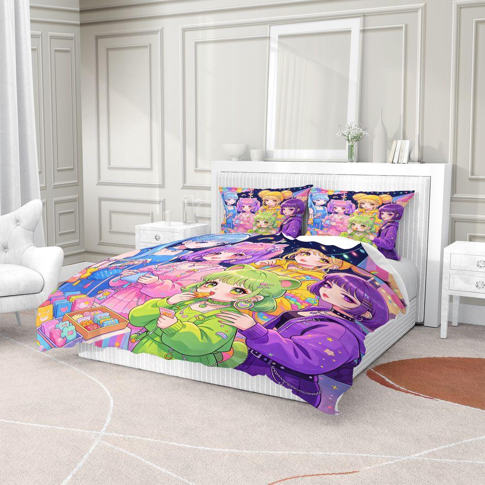 Anime Girls Party Duvet Cover Set Colorful Digital Print Bedding Set Rainbow Stars Cute Cartoon Bedroom Decor for Teen
