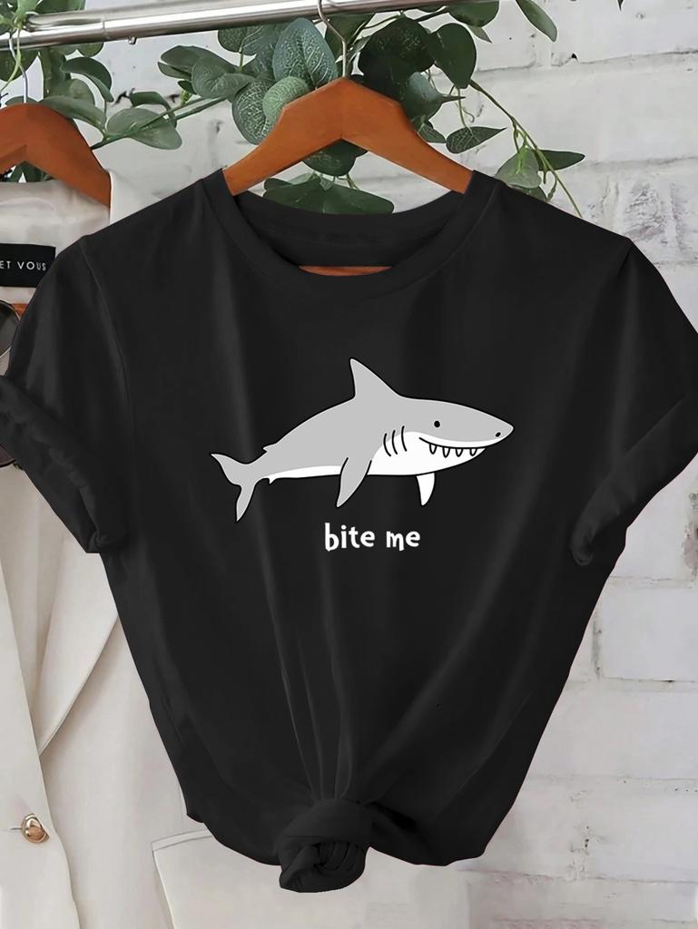 WoUnisex Pink Graphic TShirt Bite Me Shark Design Crew Neck Sleeve Perfect for Summer Outings Casual Attire Aesthetic Clothes