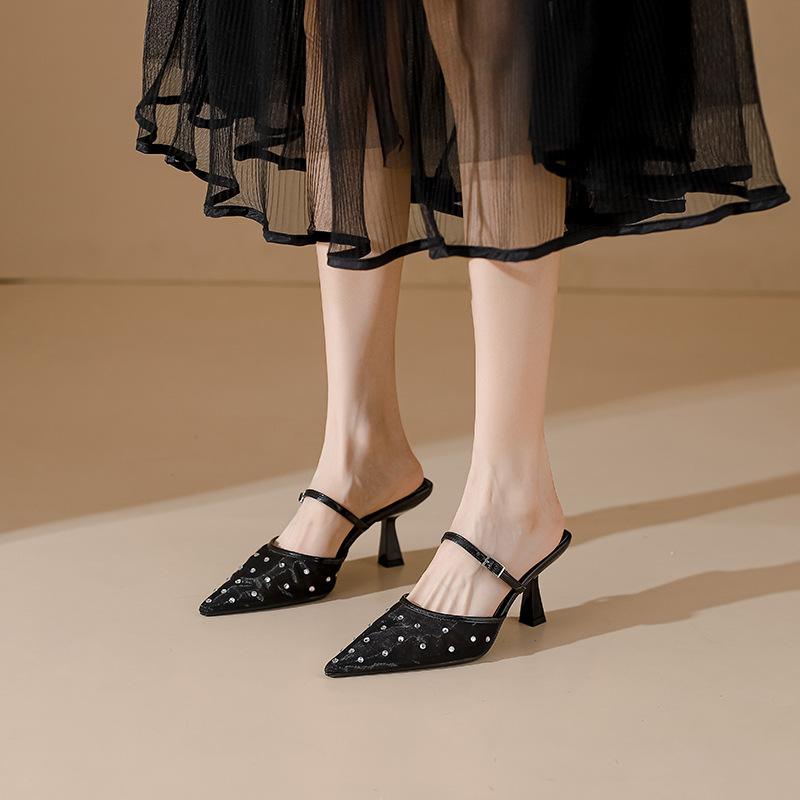 Pointed sandals women's new fashion outer wear hollow word with breathable versatile hot diamond mesh high heel single shoes