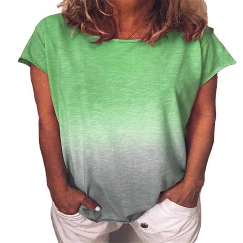 Women's Summer Rainbow Gradient Printed Round Neck Short Sleeve Loose T-shirt