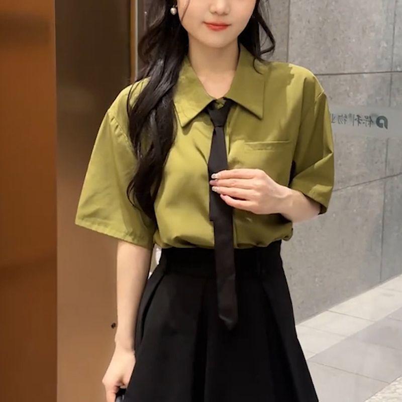 

2026 Summer Women s Green Shirt & Black Skirt Set - College Style Two-Piece with Irregular Sleeve Design S