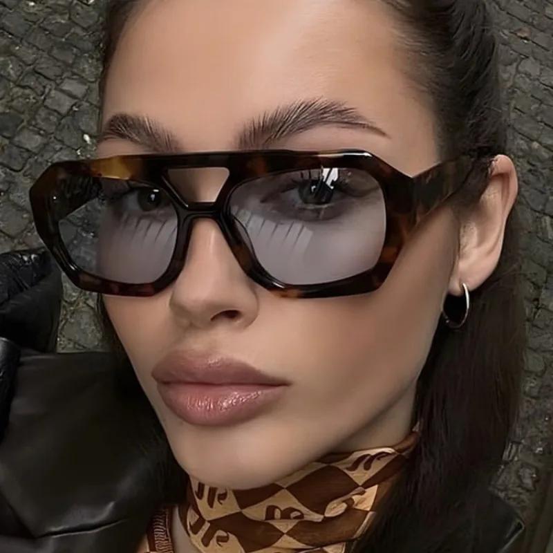 Nowe Vintage Kwadratowe Okulary Przeciwsłoneczne Moda Kobiety Mężczyźni Podwójne Mostki Okulary Damskie Szykowne Wielokątne Okulary Przeciwsłoneczne Odcienie Leoparda Okulary