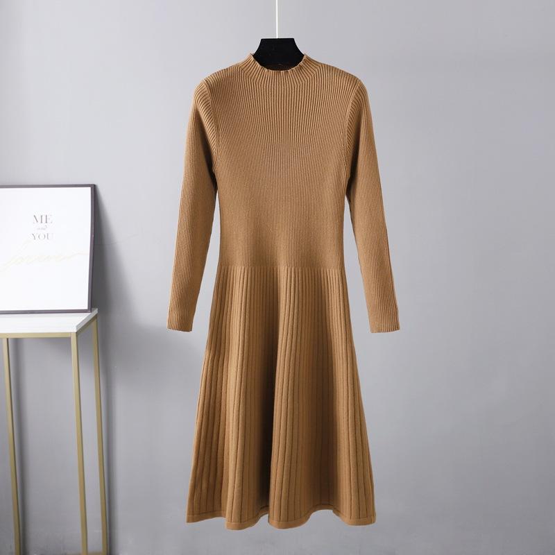 Women Autumn Winter High Neck Long Sleeve Solid Color Slim Knit High Waist Chic Dress
