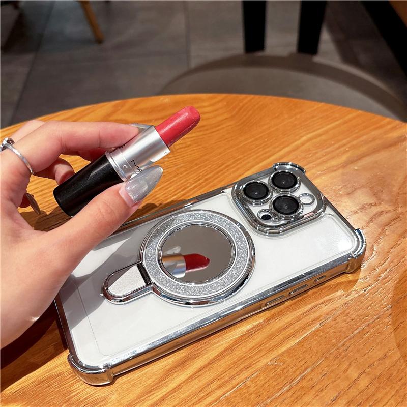 Luxury Plating Flash Mirror Clean Frame Bracket Stand Phone Case For iPhone 11 13 14 15 Plus 16E 16Pro Max Lens Protective Cover