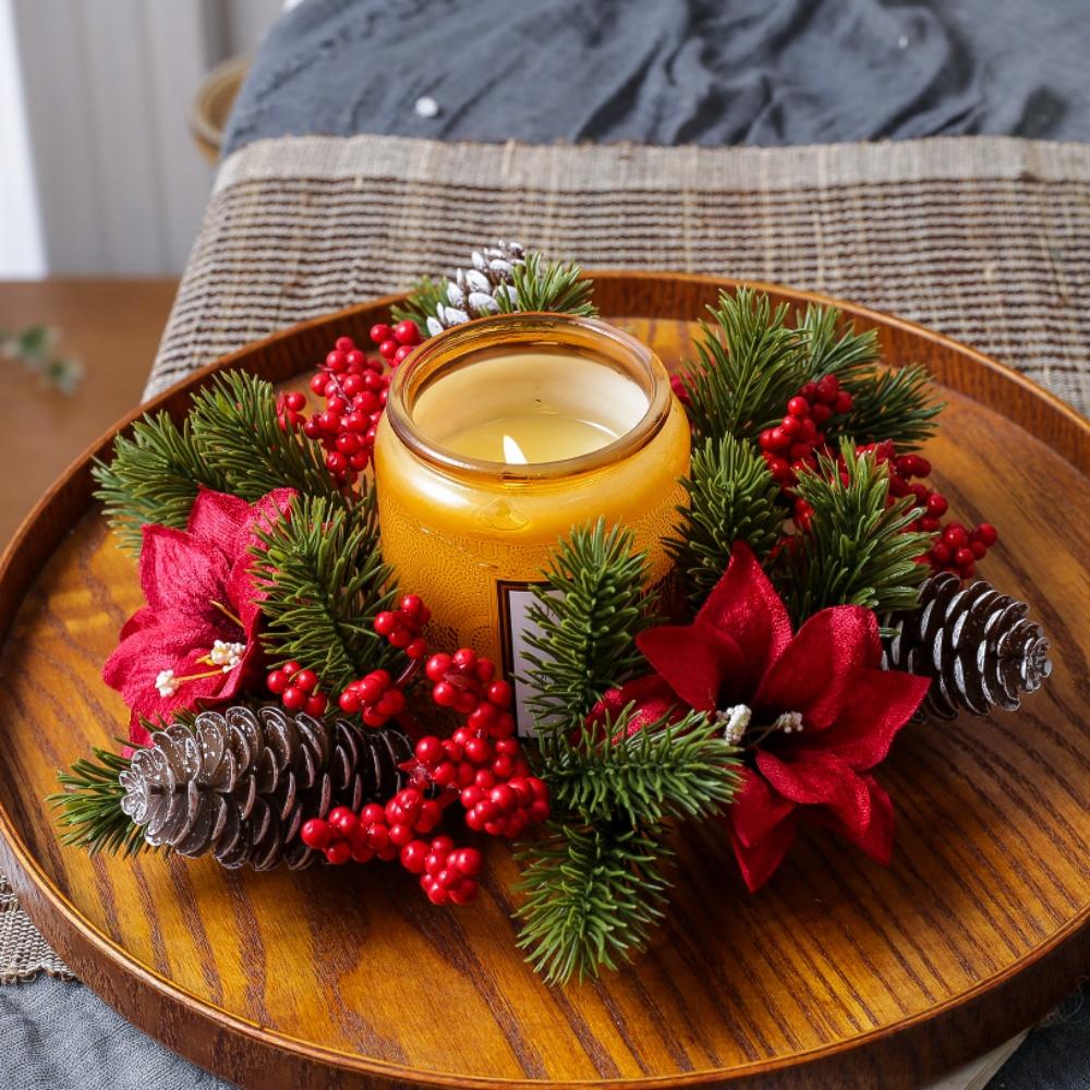 Christmas Wreath Artificial Berries Pinecone Pine Candlestick Wreaths Candle Holder Garland Home Xams Party Table Decoration