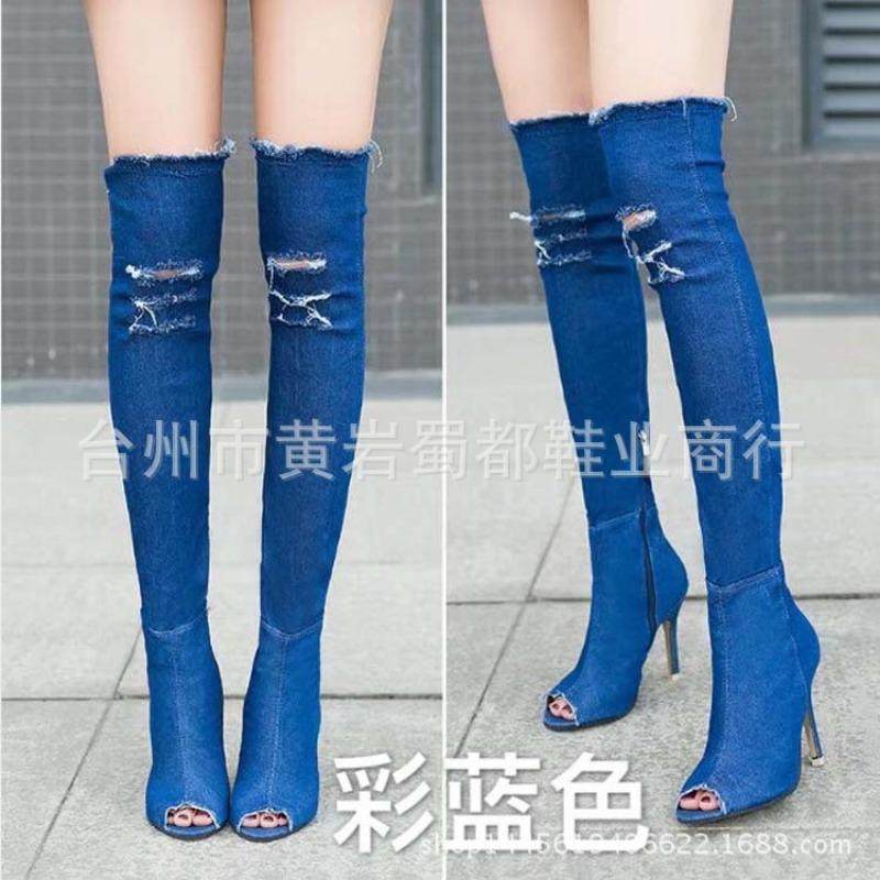 Autumn and Winter New Long Women's Cool Boots Super High Heel Elastic Denim Catwalk Fish Mouth Thin Heel Boots